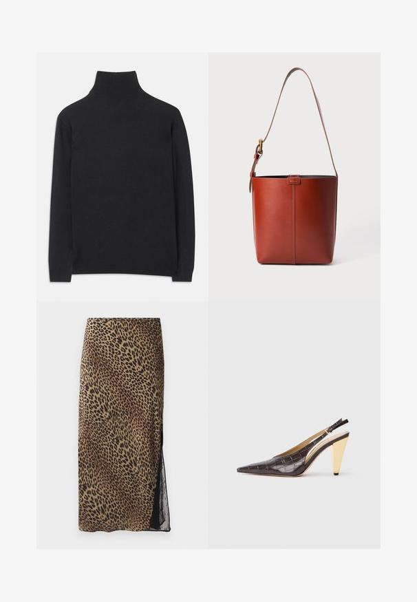 Zwarte coltrui gemaakt van zacht materiaal. Heeft lange mouwen, een hoge hals, en ribbelachtige boorden en onderkant voor een aansluitende look.; Leopardprint midi-rok met een aansluitende silhouette, transparante kant-zijpanelen en een gladde stoffen textuur in aardetinten.; Puntige slingback hak in donkerbruin glanzend faux krokodillenleer. Kenmerkt zich door een goudkleurige geometrische hak en een verstelbare enkelband.; Bruine lederen emmerzak met verstelbare schouderband en gouden gesp, eenvoudige verticale naaddetails aan de voorkant.