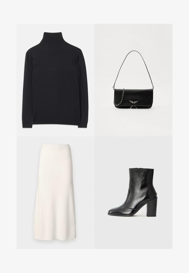 Pull à col roulé noir en tissu doux. Il dispose de manches longues, d'un col montant et de bords côtelés pour un look cintré.; Jupe côtelée de couleur crème arrivant au genou, avec une taille ajustée et un bas évasé. Texture lisse avec un motif uniforme et sans embellissements visibles.; Bottine en cuir noir, avec une texture lisse, un bout pointu et un talon chunky haut. Présente une ouverture sur le côté et un design minimaliste.; Sac à main en cuir noir avec une bandoulière en chaîne argentée, présentant des accents décoratifs en forme d'ailes et des coutures blanches le long de la couture inférieure.