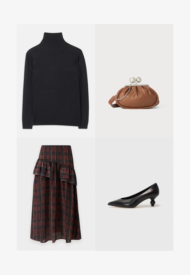 Svart polotröja i mjukt tyg. Har långa ärmar, hög krage och ribbade ärmar och nederkant för en figurnära look.; Maxikjol i mörkröd och svart rutigt mönster, med lager av volanger vid midjan, tillverkad av lätt tyg med mjuk textur.; Svart läderhögklackad sko med spetsig tå och rund, bollformad klack. Slät yta med en elegant, minimalistisk design.; Brun läderhandväska med silverkulklämma och en liten silversked på vit bakgrund.