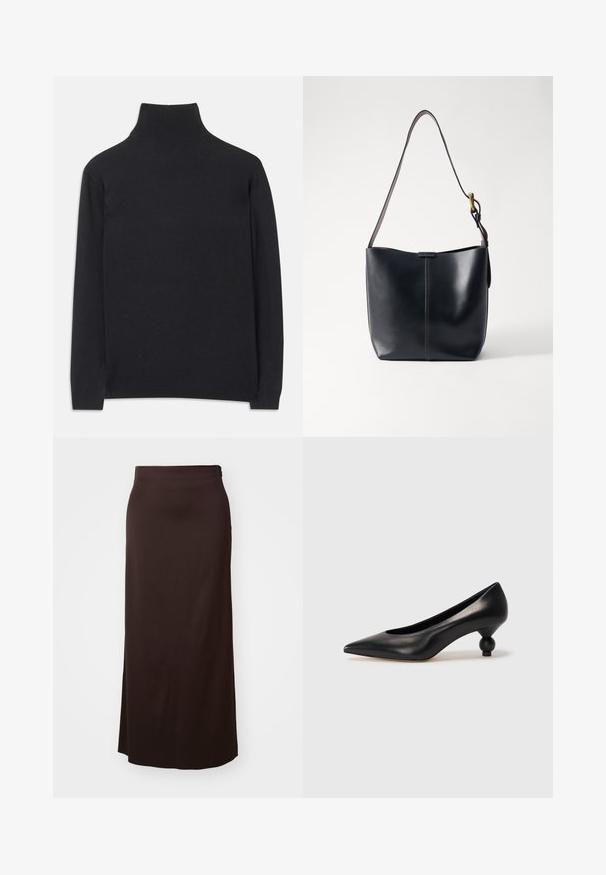 Zwarte coltrui gemaakt van zacht materiaal. Heeft lange mouwen, een hoge hals, en ribbelachtige boorden en onderkant voor een aansluitende look.; Lange zwarte rok van soepel materiaal. Heeft een recht ontwerp met een zijsplit voor gemakkelijke beweging, en een subtiele taillebanddetail.; Zwarte leren hoge hak schoen met een spitse neus en een ronde, bolle hak. Gladde textuur met een elegant, minimalistisch ontwerp.; Zwarte leren schoudertas met een gladde textuur, voorzien van een dunne, lange schouderband en een subtiele stiknaad in het midden.