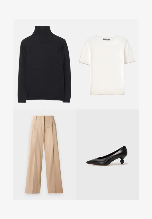 Fekete garbó pulóver puha anyagból. Hosszú ujjakkal, magas nyakkal és bordázott mandzsettákkal, valamint aljjal rendelkezik, ami karcsú megjelenést kölcsönöz.; Fehér, rövid ujjú kötött felső, kerek nyakkivágással, sima textúrával és diszkrét bordázott részletekkel az ujjain és az alján.; Világos bézs színű, bő szárú nadrág sima, könnyű anyagból. Elől pliszék, fazonolt derékpánt és egyenes szabás jellemzi.; Fekete bőr magassarkú cipő, hegyes orral és kerek, gömbölyű sarokkal. Simább textúrával, elegáns, minimalista dizájnnal.