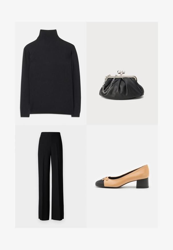 Černý rolák vyrobený z měkké tkaniny. Má dlouhé rukávy, vysoký límec a žebrované manžety a lem pro přiléhavý vzhled.; Černé kalhoty s širokým střihem a hladkým povrchem, s vysokým pasem a středovými skladbami. Žádné viditelné vzory ani kovové detaily.; Béžové kožené lodičky s černou zaoblenou špičkou, malou mašlí a nízkým blokovým podpatkem. Hladká textura a klasický silueta.; Černá kožená kabelka s nabíranou texturou, stříbrný kovový rám, uzávěr na klips a řetízkový popruh. Hladký, jemný povrch.