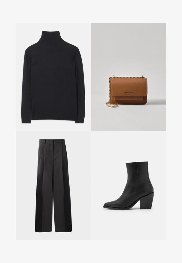 Musta poolkaelune sviiter, mis on valmistatud pehmest kangast. Omab pikki varrukaid, kõrget kaela ja soonikkoes mansette ning alläänt, mis tagavad keha lähedase ilme.; Mustat, leveälahkeiset housut korkealla vyötäröllä, etupleiteillä, sileällä pinnalla ja huolitellulla viimeistelyllä. Suunniteltu rentoon istuvuuteen.; Mustat nahka nilkkasaappaat, joissa on teräväkärkinen muotoilu, lohkokorko ja hienovaraiset sivudetaljit. Liukas pinta ja minimalistinen muotoilu.; Ruskean teksturoidun nahkasta valmistettu crossbody-laukku, jossa on kultaketjuhihna ja läppäkiinnitys. Edessä on logodetail ja tasku läppäisen alla.