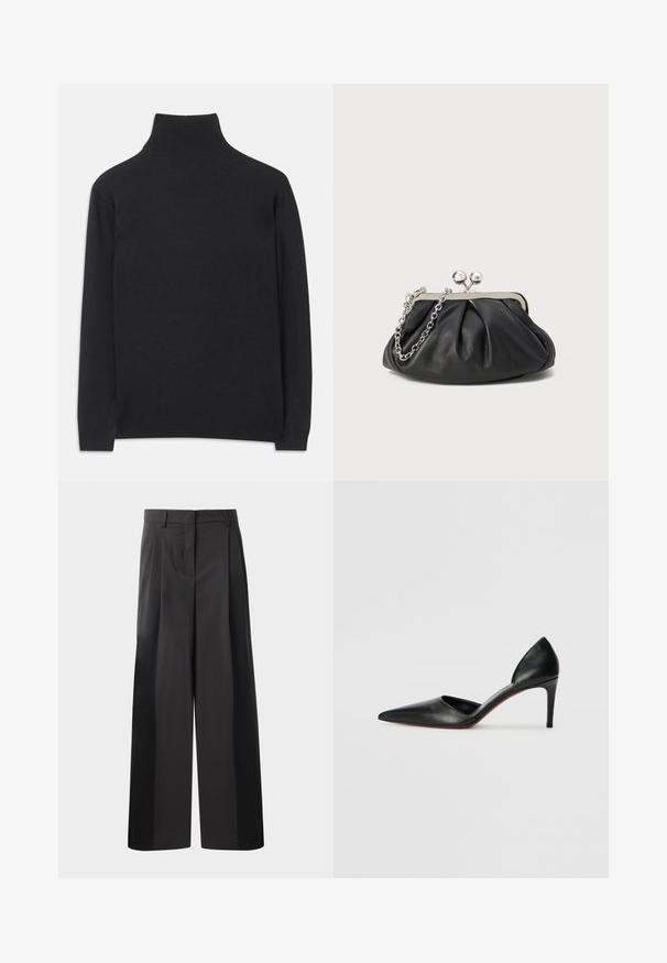 Μαύρο πουλόβερ με φανέλα από μαλακό ύφασμα. Διαθέτει μακριά μανίκια, ψηλό λαιμό και ριμπ κορδόνια και στρίφωμα για εφαρμοστή εμφάνιση.; Μαύρο παντελόνι φαρδύ με ψηλή μέση, με κρόσσια μπροστά, ομαλή υφή και κομψό φινίρισμα. Σχεδιασμένο για άνετη εφαρμογή.; Μαύρες δερμάτινες ψηλοτάκουνες γόβες με μυτερή μύτη, ανοιχτές πλευρές και κομψή σιλουέτα. Διαθέτουν λεπτό τακούνι και κόκκινη σόλα.; Μαύρο δερμάτινο πορτοφολάκι με μα gathered υφή, μεταλλικό πλαίσιο σε ασημί απόχρωση, κλείσιμο τύπου kiss-lock και αλυσίδα. Λείο, απαλό επιφάνεια.