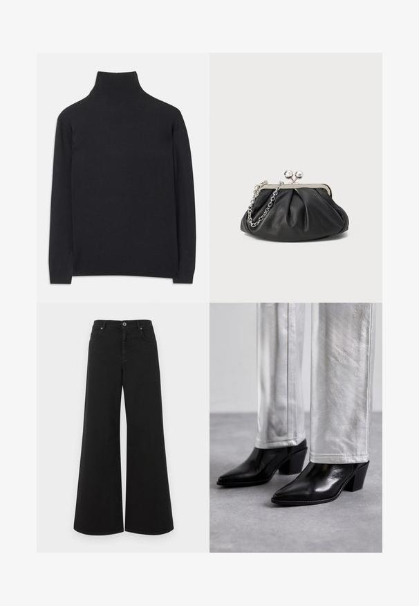 Suéter negro de cuello alto hecho de tejido suave. Presenta mangas largas, un cuello alto y puños y dobladillo acanalados para un ajuste ceñido.; Jeans de pierna ancha en negro, confeccionados en denim, con una cintura alta, cinco bolsillos, cierre de botón y un acabado limpio sin adornos.; Botas de cuero negras hasta el tobillo con punta afilada y tacón cuadrado, combinadas con pantalones plateados brillantes, mostrando texturas elegantes y colores contrastantes.; Clutch de cuero negro con textura arrugada, marco de metal en tono plateado, cierre de beso y cadena para colgar. Superficie suave y lisa.