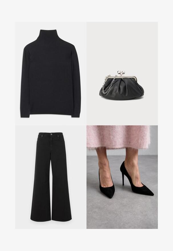 Černý rolák vyrobený z měkké tkaniny. Má dlouhé rukávy, vysoký límec a žebrované manžety a lem pro přiléhavý vzhled.; Černé volné džínové kalhoty vyrobené z denimu, s vysokým pasem, pěti kapsami, zapínáním na knoflík a čistým vzhledem bez ozdob.; Černé semišové lodičky s špičatou špičku a jehlovými podpatky. V kombinaci s růžovou chlupatou sukní je hlavním bodem pozornosti design a textura bot.; Černá kožená kabelka s nabíranou texturou, stříbrný kovový rám, uzávěr na klips a řetízkový popruh. Hladký, jemný povrch.