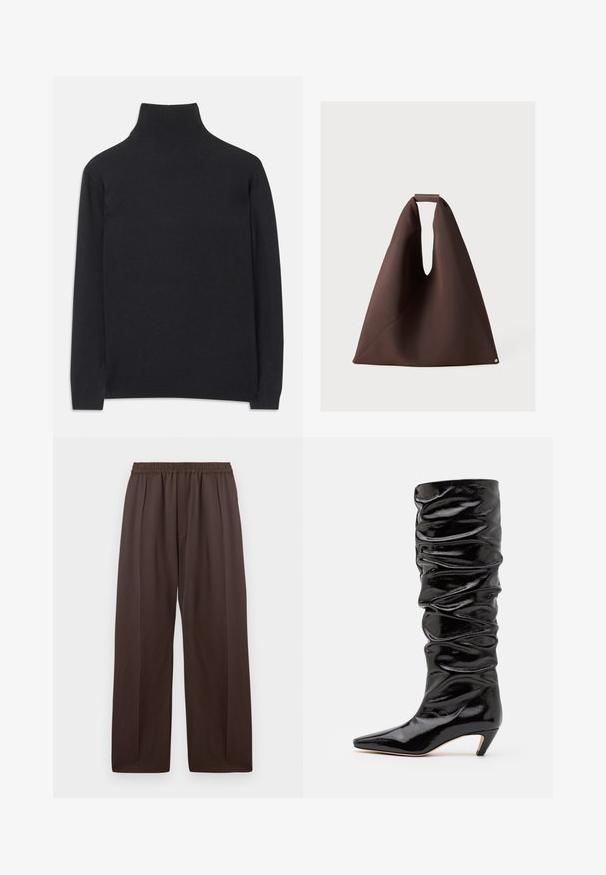 Pull à col roulé noir en tissu doux. Il dispose de manches longues, d'un col montant et de bords côtelés pour un look cintré.; Pantalons amples marron avec taille élastique et plis avant subtils, présentés à plat sur un fond blanc.; Botte noire, brillante, haute jusqu'au genou avec une texture froncée, bout pointu et un petit talon conique. Matériau lisse avec un subtil éclat.; Sac fourre-tout en tissu marron avec une forme unique, présentant une large ouverture, une surface texturée et un petit accent circulaire à la base.