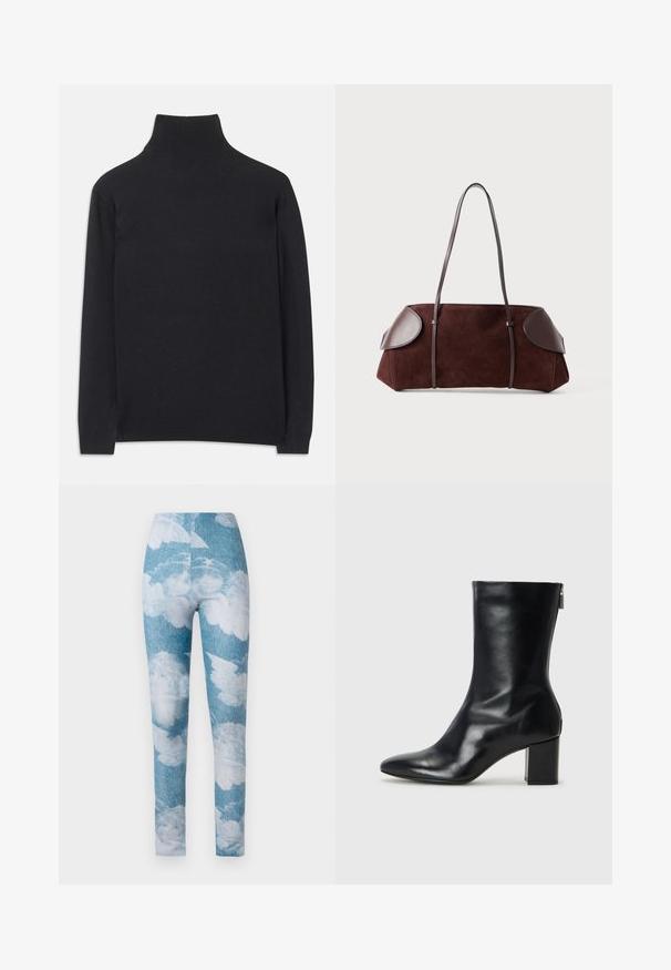 Sort turtleneck sweater lavet af blødt stof. Har lange ærmer, en høj hals, og ribbede manchetter og kant for et stramt look.; Leggings med en blå denim baggrund og hvide sky mønstre. Stoffet synes strækbart med en tætsiddende design og ankel længde.; Sorte læder ankelstøvler med spids tå og 4 cm blokhæl. Det slanke design har en sidelukning for nem påtagning. Glat tekstur.; Brun ruskinds taske med læderdetaljer, struktureret form, dobbelte skulderstropper og afrundede kanter, som har en glat tekstur og minimal hardware.