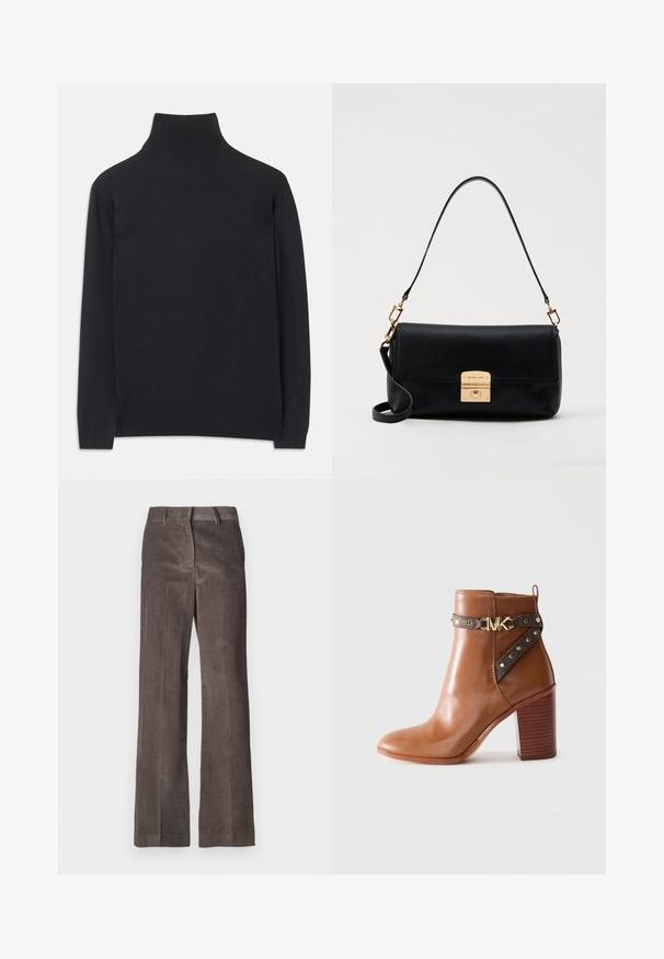 Svart høyhalset genser laget av mykt stoff. Den har lange ermer, høy hals og ribbestrikkede mansjetter og nederkant for en tettsittende look.; Brune cordfløyelsbukser med rette ben, vertikal ribbestruktur og et standard liv med beltehemper.; Brune lær ankle boot med stablet blokhæl, sidestraps med guldnitter og en guld "MK" logo spænde.; Svart lærveske med en flat rektangulær form, gullbelagte detaljer, og et topphåndtak. Har en lås og signaturlogo.