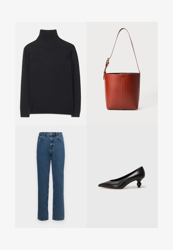 Juodas golfas, pagamintas iš minkštos medžiagos. Jis turi ilgomis rankovėmis, aukštu kaklu ir šonkauliniais rankogaliais bei apvadu, suteikiančiais prigludusį įvaizdį.; Aukštai juostos tiesaus kirpimo džinsai tamsiai mėlynos denim medžiagos. Pasižymi mygtuku ir užtrauktuku, penkiais kišenėmis ir šiek tiek blukinta tekstūra.; Juoda odinė aukštakulnė bateliai su smailiu pirštu ir apvaliu, iškiliu kulnu. Lygus paviršius su elegantišku, minimalistiniu dizainu.; Rudos odos kibirėlio tipo krepšys su reguliuojamu petiniu diržu ir auksinės spalvos sagtimi, priekyje paprasti vertikalūs siūlai.