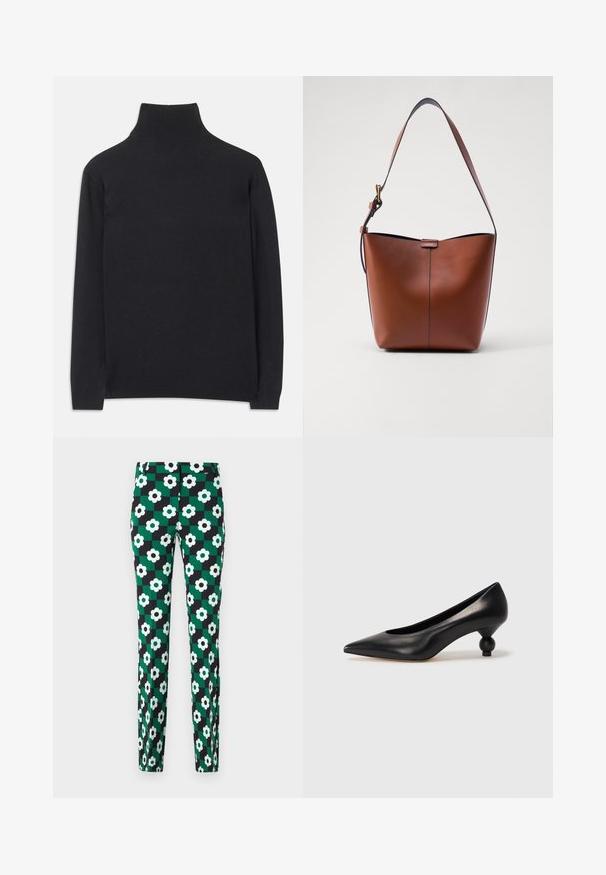 Schwarzer Rollkragenpullover aus weichem Material. Mit langen Ärmeln, einem hohen Kragen und gerippten Bündchen und Saum für einen figurbetonten Look.; Grüne und schwarze gemusterte Hose mit einem Karodesign, großen weißen Blumen und schwarzen Mitte. Glattes Material und schmale Passform.; Schwarze Leder-Pumps mit spitzem Zehenbereich und runder, ballförmiger Ferse. Glatte Textur mit einem eleganten, minimalistischen Design.; Braune Leder-Schultertasche mit geschwungener Form, glatter Textur und einem einzelnen dünnen Trageriemen. Verfügt über eine dezente Naht und ein kleines Logodetail.