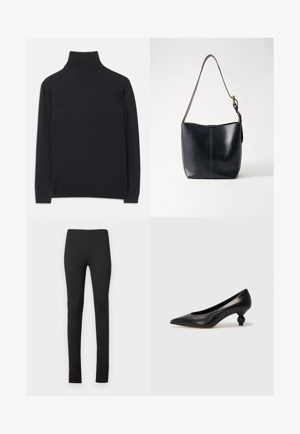 Czarny sweter z golfem wykonany z miękkiego materiału. Posiada długie rękawy, wysoki kołnierz oraz prążkowane mankiety i dół, co zapewnia dopasowany wygląd.; Czarne legginsy wykonane z elastycznego materiału, o dopasowanym kroju i czystych liniach, bez kieszeni czy zdobień.; Czarna skórzana szpilka z ostrym czubkiem i okrągłym, kulistym obcasem. Gładka tekstura z eleganckim, minimalistycznym wzornictwem.; Czarna skórzana torba na ramię o gładkiej teksturze, z cienkim, długim paskiem i subtelnym przeszyciem na środku.
