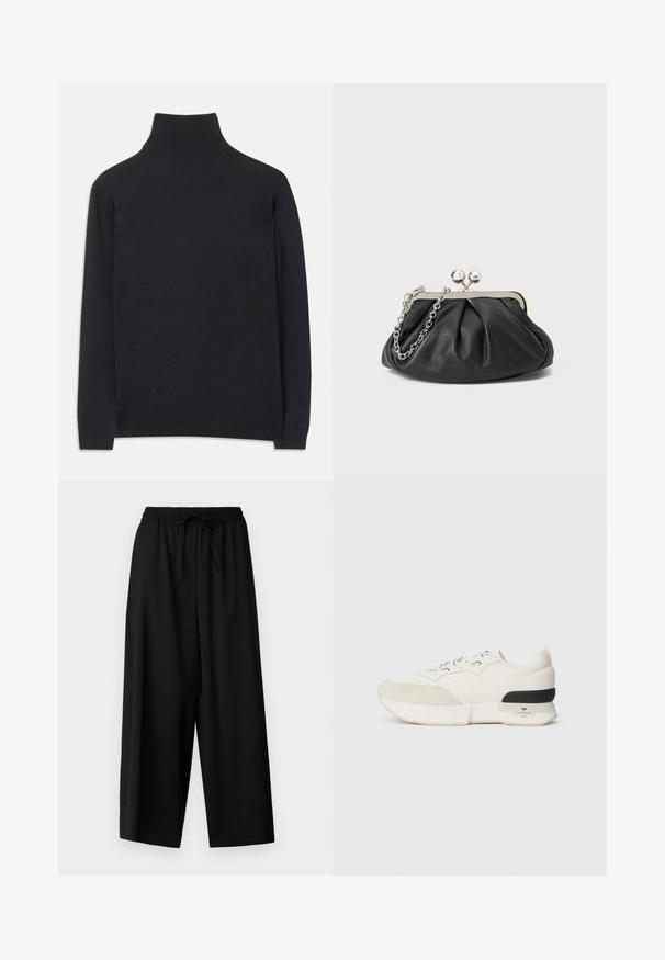 Black turtleneck sweater made of soft fabric. Features long sleeves, a high neck, and ribbed cuffs and hem for a fitted look.; WEEKEND MaxMara ELMO - Trousers - nero; White sneaker featuring a textured suede toe cap, smooth mesh upper, decorative laces, and a black rubber heel accent.; Black leather clutch with gathered texture, silver-tone metal frame, kiss-lock closure, and chain strap. Smooth, soft surface.