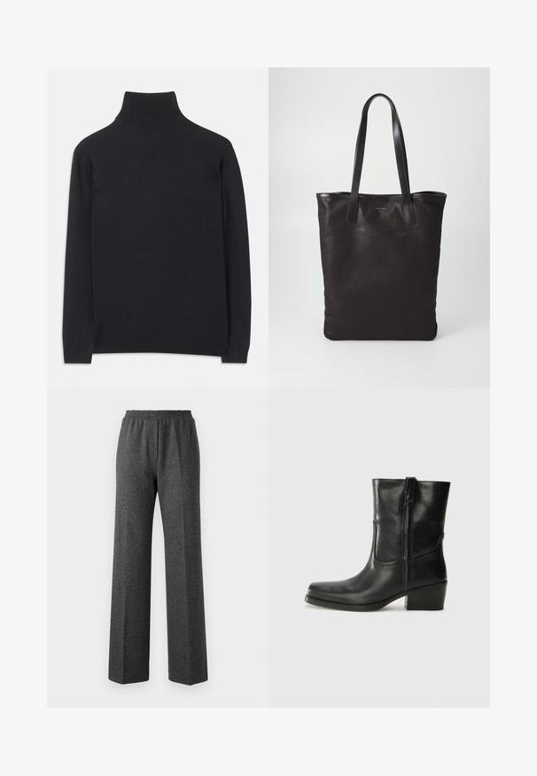 Schwarzer Rollkragenpullover aus weichem Material. Mit langen Ärmeln, einem hohen Kragen und gerippten Bündchen und Saum für einen figurbetonten Look.; Graue, strukturierte weite Hosen mit einem elastischen Bund, die ein dezentes Fischgrätenmuster zeigen. Aus weichem Stoff mit einem lockeren Schnitt.; Schwarze Leder-Ankle Boots mit runder Zehenform, Blockabsatz, seitlichem Reißverschluss und gestickten Akzenten auf dem Blatt. Glatte Textur, klassisches Design.; Schwarze Stofftote mit schwarzen Ledergriffen. Einfaches Design, geräumiger Körper und glatte Textur. Keine sichtbaren Logos oder Muster.