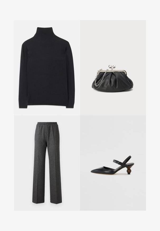 Fekete garbó pulóver puha anyagból. Hosszú ujjakkal, magas nyakkal és bordázott mandzsettákkal, valamint aljjal rendelkezik, ami karcsú megjelenést kölcsönöz.; Szürke, textúrázott, bő szárú nadrág, rugalmas derékkal, diszkrét halszálkamintával. Puha anyagból készült, kényelmes, laza szabású.; Fekete bőr szandálcipő hegyes orral, íves kialakítással és kerek, fára hasonlító sarokkal. Keskeny bokapánttal rendelkezik.; Fekete bőr táska ráncolt textúrával, ezüst színű fémszerkezettel, csattal záródó fedéllel és láncos pánttal. Simító, puha felület.