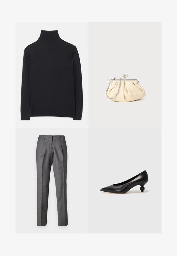Pulover negru cu guler înalt, fabricat dintr-un material moale. Are mâneci lungi, un guler înalt și manșete și tiv cu dantelă pentru un aspect ajustat.; Pantaloni gri, croiți, cu o textură netedă, două pliuri frontale și un design slim-fit. Prezintă un tiv standard și un croi drept al piciorului.; Pantofii cu toc înalt din piele neagră, cu vârf ascuțit și toc rotund, mimos. Textură netedă, cu un design elegant și minimalist.; Clutch din piele plisată bej, cu un cadru din metal argintiu, având două închideri decorative rotunde și o curea din lanț argintiu.