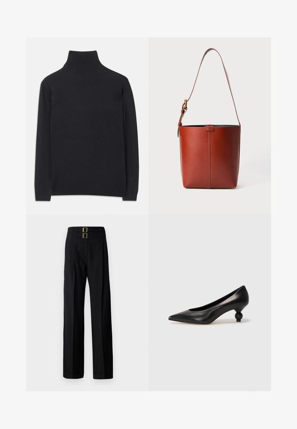 Pull à col roulé noir en tissu doux. Il dispose de manches longues, d'un col montant et de bords côtelés pour un look cintré.; Un pantalon noir avec une taille haute, deux boucles dorées rectangulaires, une coupe large et un tissu lisse et texturé.; Chaussure à talon haut en cuir noir avec un bout pointu et un talon arrondi. Texture lisse avec un design épuré et minimal.; Sac seau en cuir brun avec bandoulière réglable et boucle en ton doré, détail de couture verticale simple à l'avant.