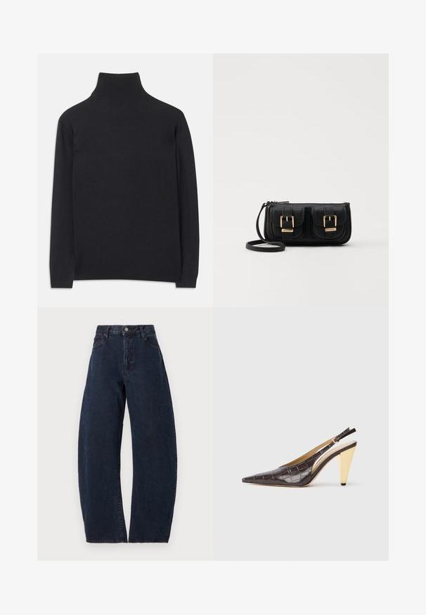 Must zwart pullovers, mis pehmeast kangast. Omab pikki varrukaid, kõrget kaelanupukest ning soonikute äärte ja alläärtega, et tagada mugav istuvus.; Kõrge vöökoht ja laiad jalad tumedast sinisest denimist teksad. Omavad nööbi kinnitust, viit taskut ja peent tekstuuri. Pole nähtavaid mustreid ega aktsente.; Kitsas varbaga slingback konts tumepruunis läikivas kunstkrokodillinahast. Omab kuldse tooni geomeetrilist kontsa ja reguleeritavat pahkluu rihma.; Must küllastamata nahast õlakott, millel on kaks esist nähtavat taskut, kuldsed pandlad, tõmblukuga sulgemine ja peen rihm. Tekstuuriga pind ja kompaktne ristkülikukujuline kuju.