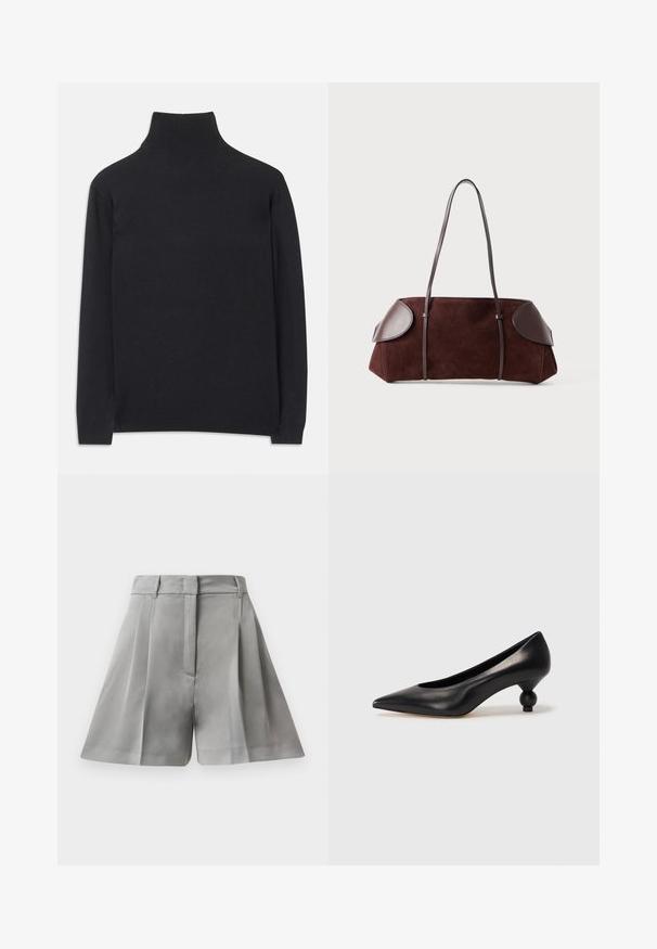 Maglione a collo alto nero realizzato in tessuto morbido. Caratterizzato da maniche lunghe, un collo alto e polsini e orlo a coste per un look aderente.; Pantaloni shorts grigi plissettati realizzati in tessuto morbido, con vita alta, tasche frontali e un design sartoriale con linee pulite.; Scarpa con tacco alto in pelle nera, con punta affilata e tacco arrotondato e bombato. Texture liscia con un design elegante e minimalista.; Borsa in suede marrone con dettagli in pelle, forma strutturata, doppi manici a spalla e bordi arrotondati, caratterizzata da una texture liscia e hardware minimal.