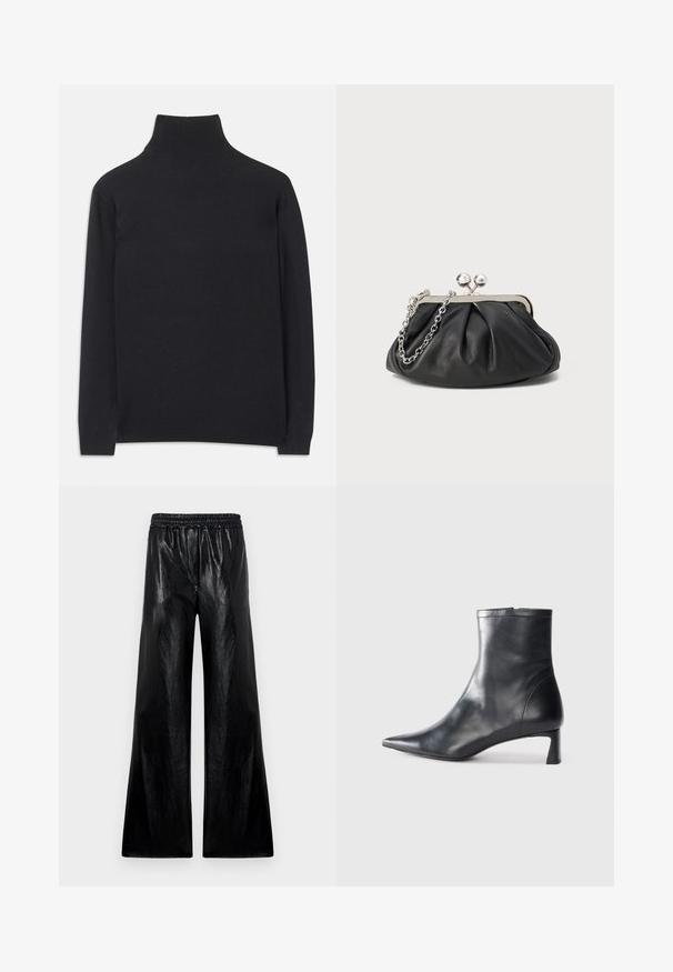 Schwarzer Rollkragenpullover aus weichem Material. Mit langen Ärmeln, einem hohen Kragen und gerippten Bündchen und Saum für einen figurbetonten Look.; Weite Hosen aus glänzendem schwarzem Material mit elastischem Bund. Der Stoff hat eine glatte Textur und einen leichten Glanz.; Schwarze Lederstiefelette mit spitzer Zehe und schlankem Design. Verfügt über einen niedrigen Absatz und einen Reißverschluss hinten. Glatte Textur.; Schwarze Leder-Clutch mit geraffter Textur, silberfarbener Metallrahmen, Druckverschluss und Kettenriemen. Glatte, weiche Oberfläche.