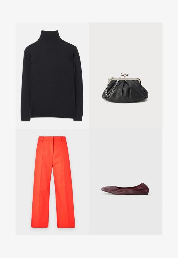 Svart høyhalset genser laget av mykt stoff. Den har lange ermer, høy hals og ribbestrikkede mansjetter og nederkant for en tettsittende look.; Røde vide bukser med plisseret front, lavet af letvægtsstof, med en tætsiddende talje og lige kant.; Balletsko i dyp burgunder lær, med avrundet tå, elastisk kant og glatt tekstur med subtile folder.; Svart lær clutch med samlet tekstur, sølvfarget metallramme, smekklås og kjedehank. Glatt, myk overflate.