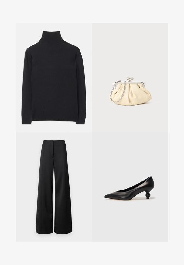 Juodas golfas, pagamintas iš minkštos medžiagos. Jis turi ilgomis rankovėmis, aukštu kaklu ir šonkauliniais rankogaliais bei apvadu, suteikiančiais prigludusį įvaizdį.; Platus juodų kelnių modelis iš audinio. Pasižymi aukštu liemeniu, švariu priekiu ir pritaikytu dizainu. Lygus paviršius, nematomi aksesuarai.; Juoda odinė aukštakulnė bateliai su smailiu pirštu ir apvaliu, iškiliu kulnu. Lygus paviršius su elegantišku, minimalistiniu dizainu.; Plyšiniai smėlio spalvos odiniai rankinukai su sidabriniu metaliniu rėmu, turintys du apvalius dekoratyvinius užtrauktukus ir sidabrinę grandinėlę.