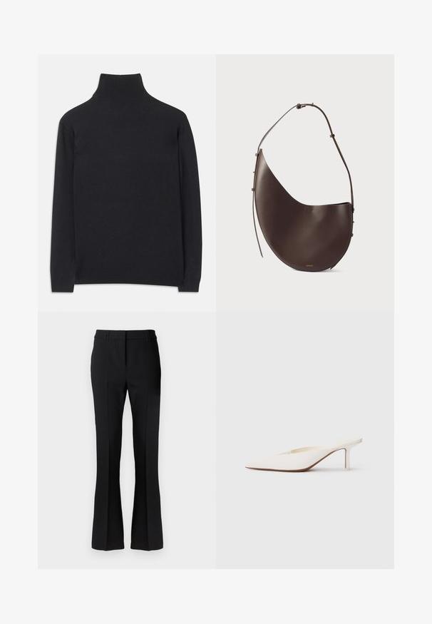 Zwarte coltrui gemaakt van zacht materiaal. Heeft lange mouwen, een hoge hals, en ribbelachtige boorden en onderkant voor een aansluitende look.; Zwarte flaired broek gemaakt van een gladde stof, met een op maat gemaakte tailleband en voornaad, ontworpen voor een getailleerde silhouette.; Witte muiltjes met spitse neus en een lage stilettohak. Gemaakt van glad materiaal met een minimalistisch ontwerp en subtiele tan kleurige zooldetails.; Bruine leren handtas met een gebogen vorm, enkele schouderband en minimalistisch ontwerp. Heeft een subtiel logo en gouden hardware accenten.