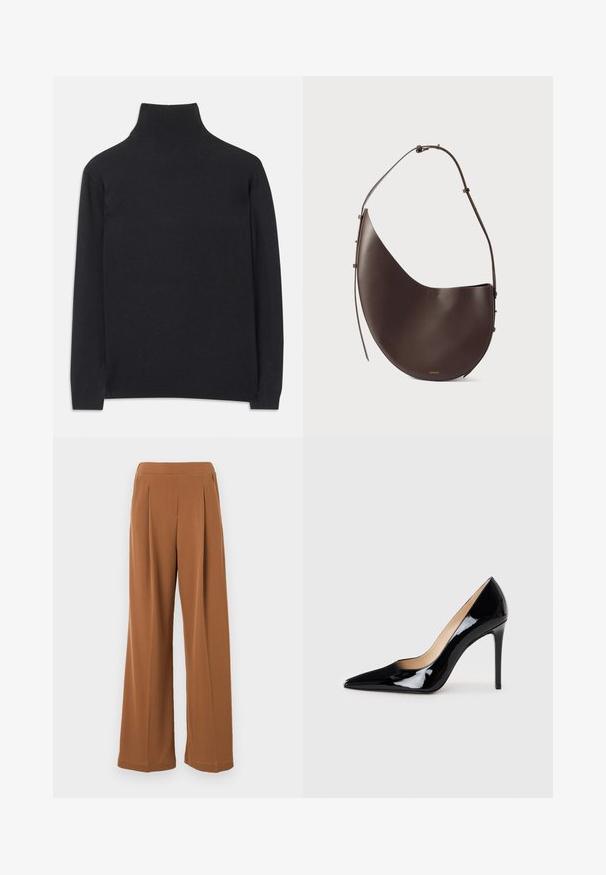 Suéter negro de cuello alto hecho de tejido suave. Presenta mangas largas, un cuello alto y puños y dobladillo acanalados para un ajuste ceñido.; Max Mara Leisure EUCLIDE - Pantalones - cuoio; Zapato de tacón alto de charol negro con un diseño de punta afilada y una silueta elegante. Presenta un acabado suave y brillante y un tacón de aguja esbelto.; Bolso de cuero marrón con forma curva, correa única y diseño minimalista. Presenta un logotipo sutil y acentos en dorado.