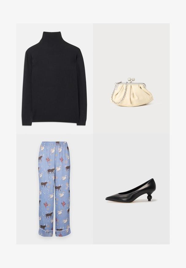 Čierny rolák z mäkkej tkaniny. Má dlhé rukávy, vysoký golier a rebrované manžety a lem pre priliehavý vzhľad.; Modré pyžamové nohavice s hravým vzorom obsahujúcim kravy, mýtické bytosti a nebeské prvky; elastický pás a široké nohavice.; Čierna kožená vysoká topánka na podpätku s ostrým špičkou a okrúhlym, guľatým podpätkom. Hladký povrch s moderným, minimalistickým dizajnom.; Zhlý béžový kožený klobúk so strieborným kovovým rámom, ktorý má dve okrúhle dekoratívne zámky a strieborný reťazový popruh.