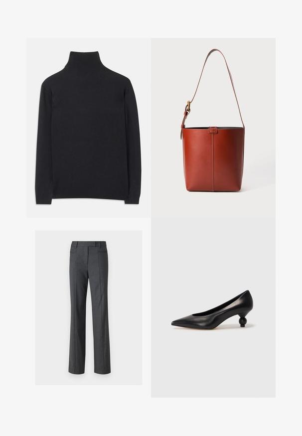 Melns augstais kakls džemperis no mīksta auduma. Tam ir garas piedurknes, augsts kakls un ribotas aproces un apakšmala, lai radītu pieguļošu izskatu.; Gai pielāgotie bikses, taisna griezuma, izgatavotas no gludas auduma. Iekļauj divas priekšējās kabatas un plakanu priekšpuses dizainu.; Melnas ādas augstpapēžu kurpes ar smailu purngalu un apaļu papēdi. Gluda tekstūra ar elegantu, minimālistisku dizainu.; Brūns ādas spainis ar regulējamu plecu siksnu un zelta toņa sprādzi, vienkārša vertikāla šuve priekšpusē.