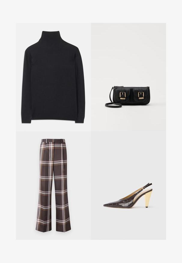 Črn pulover z visoko ovratnikom, izdelan iz mehkega materiala. Ima dolge rokave, visoko ovratnik ter rebraste manšete in rob, kar daje prilegajoč videz.; Stine Goya FRONT PLEAT LONG STRAIGHT PANTS CASUAL TAILORING - Hlače - dark brown; Slingback peto s koničastim nosom, v temno rjavi sijoči umetni krokodilji usnjeni različici. Ima zlate geometrijske pete in nastavljiv ankel trak.; Črna usnjena torbica čez ramo z dvema sprednjima žepoma, zlatimi zaponkami, zadrgo in ozkim pasom. Tekstura površine je strukturirana, obliko pa ima kompaktno pravokotno.