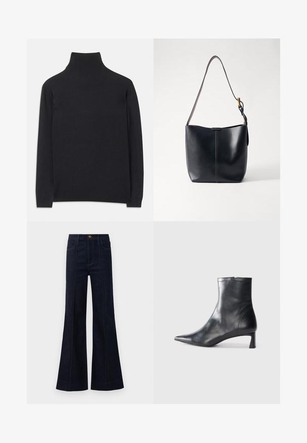 Sort turtleneck sweater lavet af blødt stof. Har lange ærmer, en høj hals, og ribbede manchetter og kant for et stramt look.; Mørkeblå denim flared jeans med høj talje, frontlommer og synlige sømme. Stoffet har en glat tekstur og en struktureret form.; Sort læder ankelstøvle med spids tå og et strømlinet design. Har en lav hæl og en lynlås lukning bagpå. Glat tekstur.; Sort læder skuldertaske med en glat overflade, der har en tynd, lang rem og en subtil syet detalje ned langs midten.