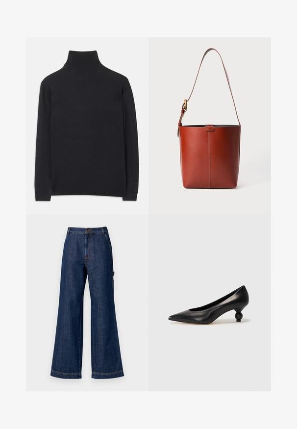 Černý rolák vyrobený z měkké tkaniny. Má dlouhé rukávy, vysoký límec a žebrované manžety a lem pro přiléhavý vzhled.; Široké džíny v tmavě indigo barvě. Obsahují standardní pás s knoflíkem, boční kapsy a rovné lemy. Klasický design s pěti kapsami.; Černá kožená vysoká bota na podpatku s špičatou špičkou a kulatým, zaobleným podpatkem. Hladká textura s elegantním, minimalistickým designem.; Hnědá kožená kabelka ve tvaru kbelíku s nastavitelným ramenním popruhem a zlatým přezkovým zapínáním, jednoduchý vertikální šev na přední straně.