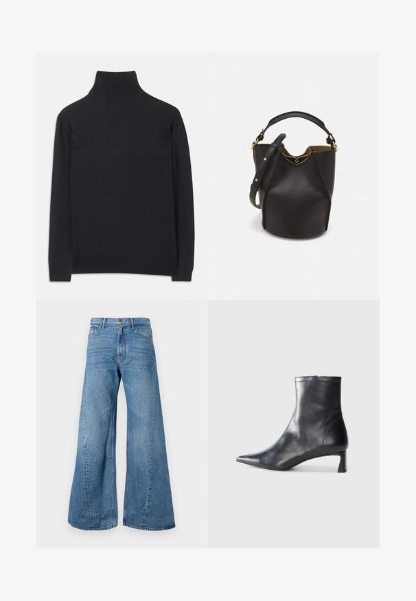 Čierny rolák z mäkkej tkaniny. Má dlhé rukávy, vysoký golier a rebrované manžety a lem pre priliehavý vzhľad.; Široké denimové nohavice modrej farby s vysokým pásom, s klasickým strihom piatich vreciek a s jemným vyblednutím pre textúru.; Čierne kožené členkové topánky s špicatou špičkou a elegantným dizajnom. Majú nízky podpätok a zips na zadnej strane. Hladká textúra.; Čierna kožená vedro taška s textúrovaným povrchom, zlatými kovovými detailami a otvoreným vrcholom. Obsahuje krátku rukoväť a nastaviteľný ramenný popruh.