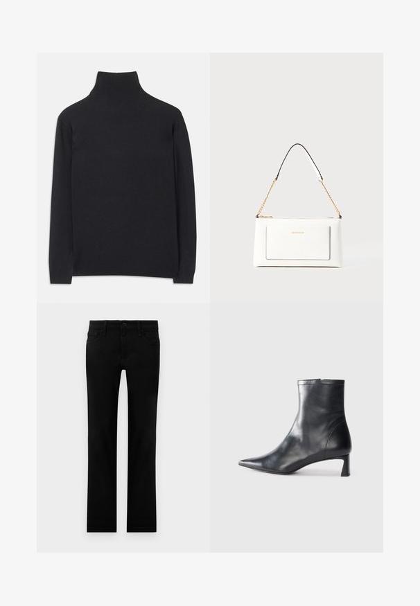 Fekete garbó pulóver puha anyagból. Hosszú ujjakkal, magas nyakkal és bordázott mandzsettákkal, valamint aljjal rendelkezik, ami karcsú megjelenést kölcsönöz.; Fekete, slim fit farmernadrág elöl gombbal, cipzárral és öt zsebes dizájnnal, fehér háttér előtt laposan elhelyezve.; Fekete bőr bokacsizma hegyes orral és letisztult dizájnnal. Alacsony sarka és hátsó cipzáras záródása van. Simának tűnő textúra.; Fehér bőr kézitáska, texturált felülettel, arany lánccal és fekete részletekkel. Elülső zsebbel és cipzáros zárással rendelkezik.