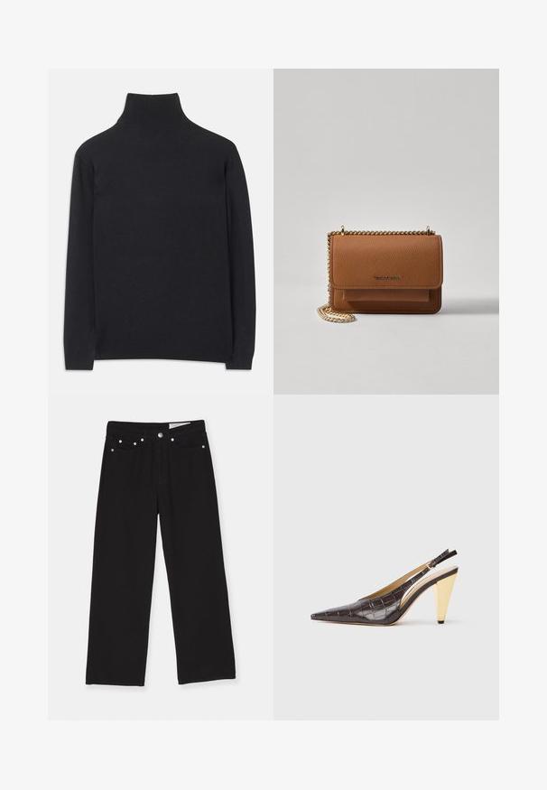 Juodas golfas, pagamintas iš minkštos medžiagos. Jis turi ilgomis rankovėmis, aukštu kaklu ir šonkauliniais rankogaliais bei apvadu, suteikiančiais prigludusį įvaizdį.; Juodi plataus šlaunų džinsai, pagaminti iš denimo, su penkių kišenių dizainu, mygtukiniu uždarymu ir metaliniais akcentais. Tekstūruota medžiaga su lygiu paviršiumi.; Ilgas pirštas slingback kulnas tamsiai rudos spalvos blizgios dirbtinės krokodilo odos. Savybė – aukso spalvos geometrinės formos kulnas ir reguliuojama kulkšnies juosta.; Ruda tekstūruota odinė per petį nešama rankinė su auksiniu grandininiu dirželiu ir užlenkiamo užsegimo. Priekinėje pusėje yra logotipo detalė ir kišenė po užlenkimu.