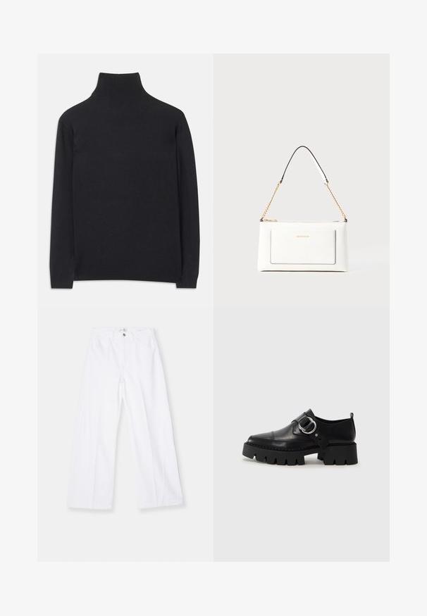 Svart høyhalset genser laget av mykt stoff. Den har lange ermer, høy hals og ribbestrikkede mansjetter og nederkant for en tettsittende look.; FRAME BAGGY PALAZZO - Wide leg - white; Sorte læringssko med en kraftig ribbet såle, som har en sirkulær sølvfarget detalj og minimal sømdekorasjon.; Hvit lærveske med teksturert overflate, utstyrt med gullkjede for å bære over skulderen og svarte detaljer. Inkluderer en frontlomme og glidelås.