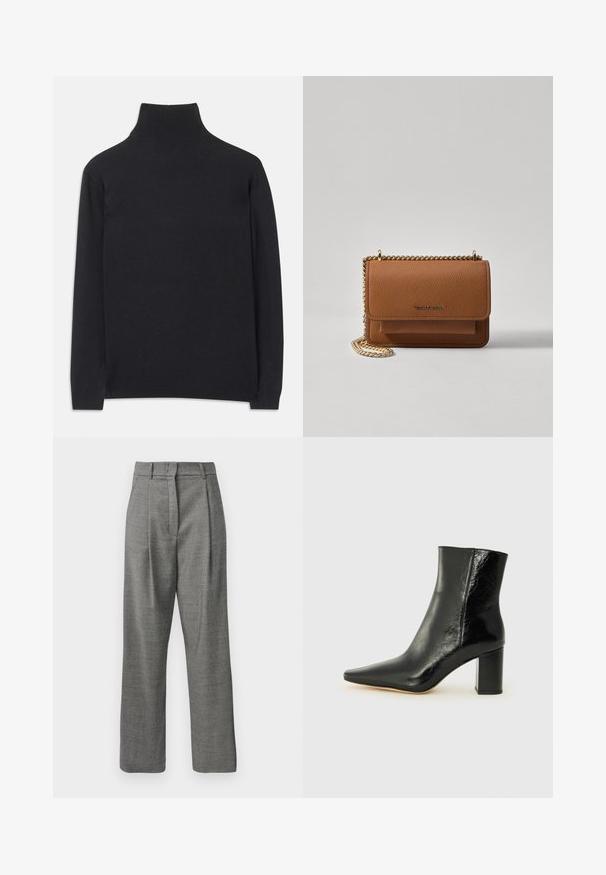 Suéter preto de gola alta feito de um tecido macio. Apresenta mangas longas, uma gola alta, e punhos e bainha canelados para um ajuste ajustado.; Calças cinza de alta cintura com pequeno padrão xadrez, pregas frontais, passantes para cinto e pernas retas sobre fundo branco.; Botim preto até ao tornozelo, feito de couro brilhante, com bico apontado e um salto grosso e quadrado. Apresenta uma textura suave e um design minimalista.; Bolsa crossbody de couro texturizado castanho com alça de corrente dourada e fecho com aba. A parte da frente apresenta detalhe do logótipo e um bolso sob a aba.