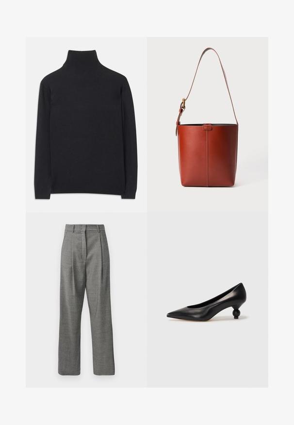 Czarny sweter z golfem wykonany z miękkiego materiału. Posiada długie rękawy, wysoki kołnierz oraz prążkowane mankiety i dół, co zapewnia dopasowany wygląd.; Szare spodnie o wysokim stanie z małym wzorem w kratkę, z fałdami z przodu, szlufkami na pasek oraz prostymi nogawkami na białym tle.; Czarna skórzana szpilka z ostrym czubkiem i okrągłym, kulistym obcasem. Gładka tekstura z eleganckim, minimalistycznym wzornictwem.; Brązowa skórzana torebka w kształcie wiadra z regulowanym paskiem na ramię i złotą klamrą, prosta pionowa szew na przodzie.