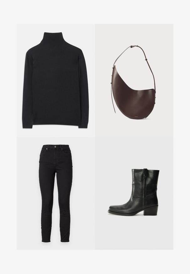 Juodas golfas, pagamintas iš minkštos medžiagos. Jis turi ilgomis rankovėmis, aukštu kaklu ir šonkauliniais rankogaliais bei apvadu, suteikiančiais prigludusį įvaizdį.; Juodi džinsai su aukštu liemeniu, pagaminti iš džinsinio audinio, su priekinių kišenių, mygtuko uždarymo ir subtiliu siuvimo detalėmis ant siūlių.; Juodi odiniai aulinukai iki kulkšnies su apvali nosimi, blokuotais kulnais, šonine užtrauktuku ir siuvimo akcentais ant viršutinės dalies. Lygi tekstūra, klasikinis dizainas.; Ruda odinė rankinė, turinti kreivą formą, vieną diržą ir minimalistinį dizainą. Sukurta su subtiliu logotipu ir auksiniais detalėmis.