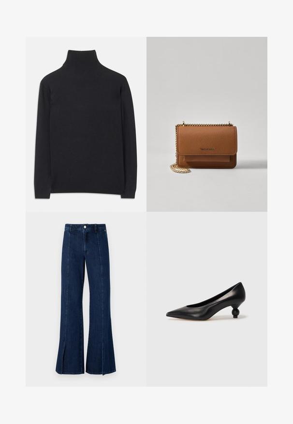 Čierny rolák z mäkkej tkaniny. Má dlhé rukávy, vysoký golier a rebrované manžety a lem pre priliehavý vzhľad.; Džínsy s širokými nohavicami v tmavomodrej farbe, s vysokým pásom, rozparkom na okraji a klasickým piatimi vreckami so zapínaním na kovový gombík.; Čierna kožená vysoká topánka na podpätku s ostrým špičkou a okrúhlym, guľatým podpätkom. Hladký povrch s moderným, minimalistickým dizajnom.; Hnedá textúrovaná kožená taška cez telo s zlatým reťazovým popruhom a preklopným uzáverom. Predná strana obsahuje detail s logom a vrecko pod preklopkou.