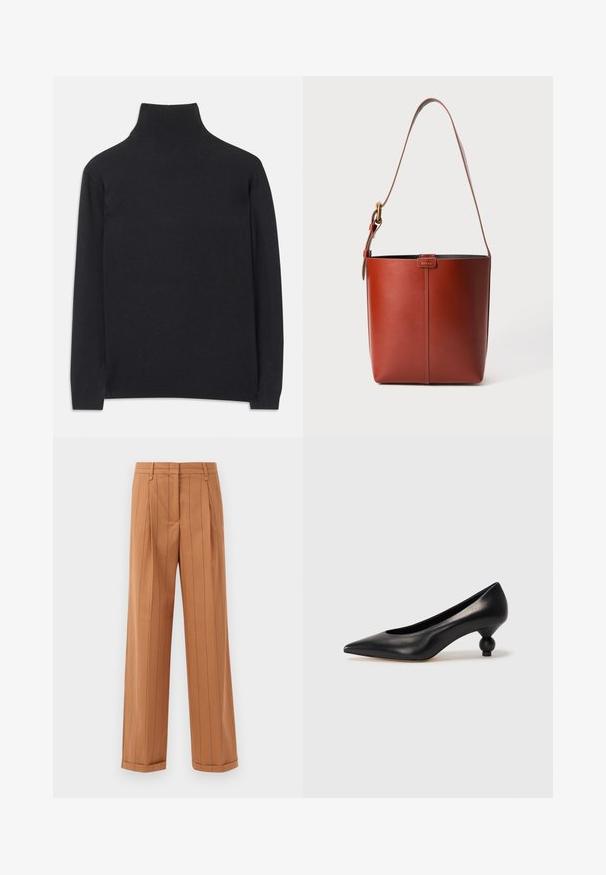 Must zwart pullovers, mis pehmeast kangast. Omab pikki varrukaid, kõrget kaelanupukest ning soonikute äärte ja alläärtega, et tagada mugav istuvus.; Pruuniribalised püksid, millel on kohandatud disain, pehme kangas, voldid, sirge lõige ja mansetiga hem. Valmistatud siledast materjalist.; Must musta kõrge kontsaga king, millel on terav nina ja ümar, pallikujuline konts. Sile pind ja elegantne, minimalistlik disain.; Pruun nahast ämbri kott reguleeritava õlavööga ja kuldse määrdega, lihtne vertikaalne õmblusdetail ees.
