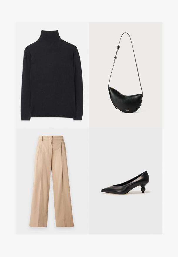 Black turtleneck sweater made of soft fabric. Features long sleeves, a high neck, and ribbed cuffs and hem for a fitted look.; Light beige wide-leg pants made of smooth, lightweight fabric. Features pleats at the front, a tailored waistband, and a straight cut.; Black leather high heel shoe with a pointed toe and a round, balled heel. Smooth texture with a sleek, minimal design.; Black leather handbag with a curved shape and single adjustable strap. Features a zipper closure and minimal gold hardware.