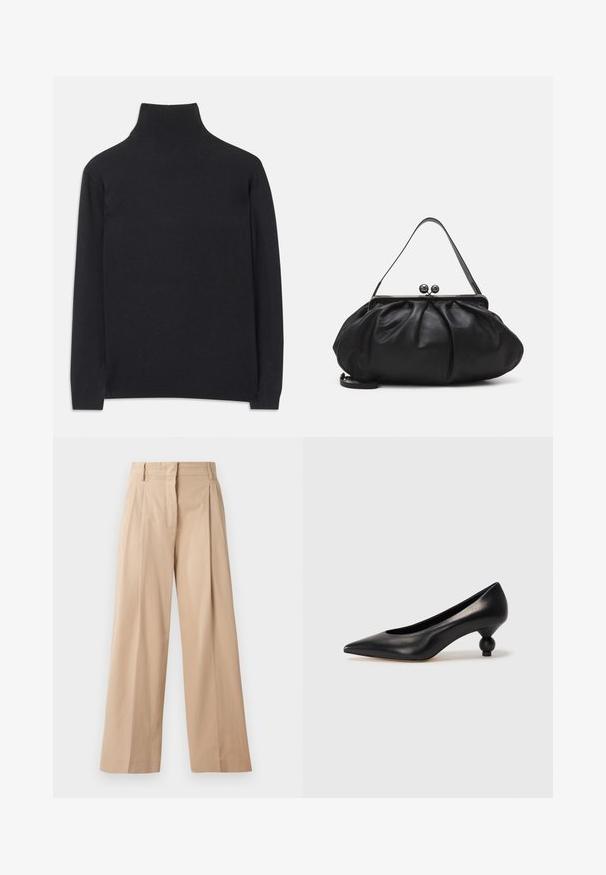 Čierny rolák z mäkkej tkaniny. Má dlhé rukávy, vysoký golier a rebrované manžety a lem pre priliehavý vzhľad.; Svetlo béžové široké nohavice vyrobené z hladkej, ľahkej tkaniny. Majú plisovanie vpredu, prispôsobený pás a rovný strih.; Čierna kožená vysoká topánka na podpätku s ostrým špičkou a okrúhlym, guľatým podpätkom. Hladký povrch s moderným, minimalistickým dizajnom.; Čierna kožená kabelka s zaobleným, nariadeným dizajnom. Disponuje kovovým zapínaním s dvoma dekoračnými guľôčkami a tenkým, odnímateľným popruhom.