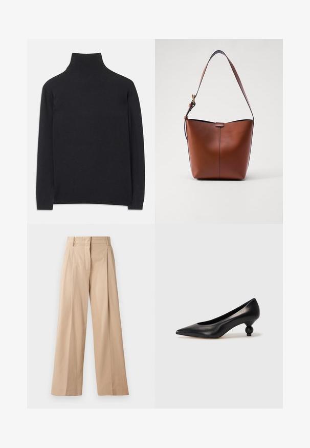 Czarny sweter z golfem wykonany z miękkiego materiału. Posiada długie rękawy, wysoki kołnierz oraz prążkowane mankiety i dół, co zapewnia dopasowany wygląd.; Jasno beżowe spodnie o szerokich nogawkach, wykonane z gładkiego, lekkiego materiału. Posiadają pliski z przodu, dopasowaną talię oraz prosty krój.; Czarna skórzana szpilka z ostrym czubkiem i okrągłym, kulistym obcasem. Gładka tekstura z eleganckim, minimalistycznym wzornictwem.; Brązowa skórzana torba na ramię o zakrzywionym kształcie, gładkiej fakturze i pojedynczym cienkim pasku. Posiada subtelną szew i mały detal z logo.