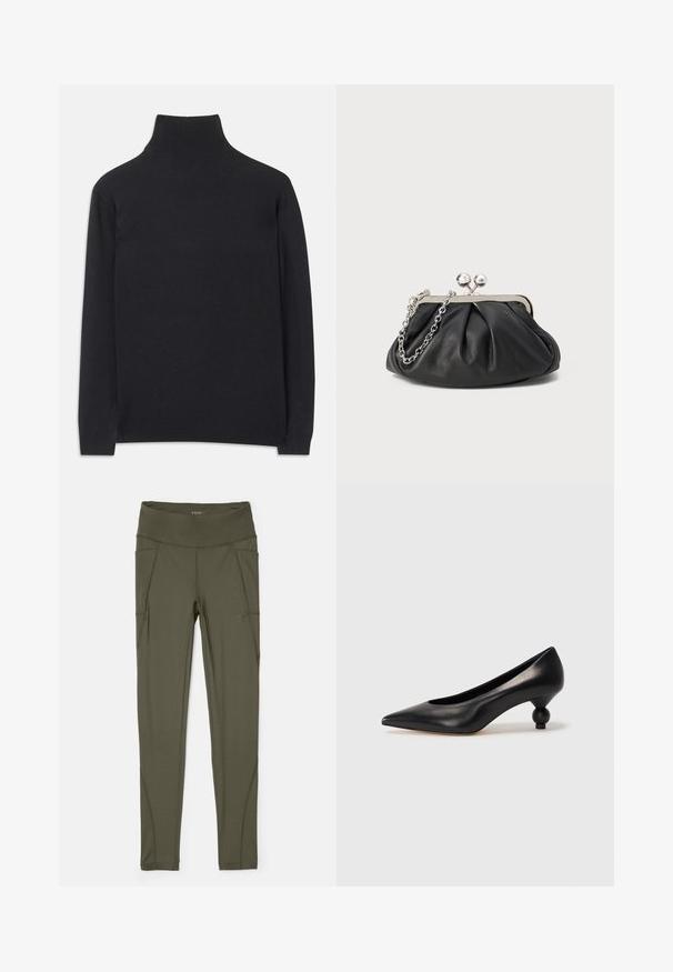 Czarny sweter z golfem wykonany z miękkiego materiału. Posiada długie rękawy, wysoki kołnierz oraz prążkowane mankiety i dół, co zapewnia dopasowany wygląd.; Legginsy w oliwkowym kolorze wykonane z elastycznej tkaniny, z wysokim stanem, bocznymi kieszeniami i bezszwowym wykończeniem, co zapewnia gładki wygląd.; Czarna skórzana szpilka z ostrym czubkiem i okrągłym, kulistym obcasem. Gładka tekstura z eleganckim, minimalistycznym wzornictwem.; Czarna skórzana kopertówka o marszczonej teksturze, srebrna metalowa rama, zamek na zatrzask i łańcuszek. Gładka, miękka powierzchnia.