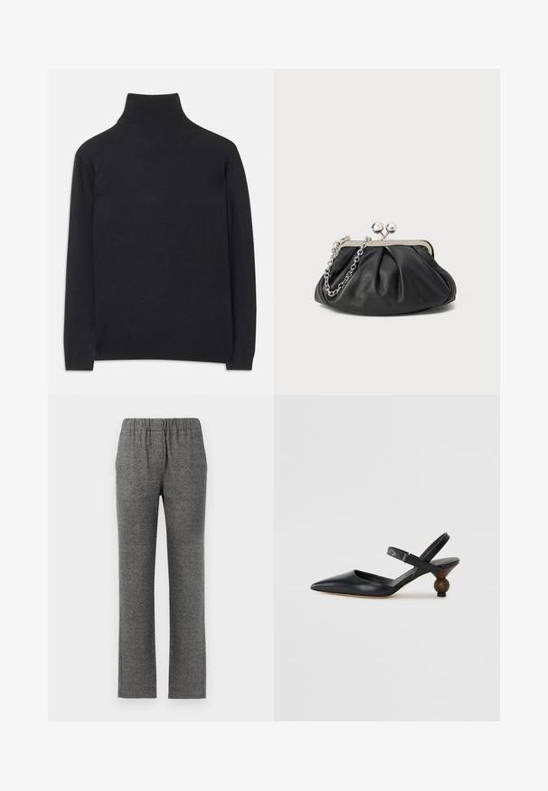 Čierny rolák z mäkkej tkaniny. Má dlhé rukávy, vysoký golier a rebrované manžety a lem pre priliehavý vzhľad.; Sivé textúrované nohavice s elastickým pásom a rovného strihu. Obsahujú jemný vzor pre zvýšenie vizuálneho záujmu.; Čierna kožená slingback obuv s špicatou špičkou, zakriveným dizajnom a okrúhlou drevokatou pätou. Obsahuje úzky popruh okolo členka.; Čierna kožená kabelka s vrúbkovou textúrou, strieborným kovovým rámom, uzáverom na pobozkanie a retiazkou na nosenie. Hladký, jemný povrch.