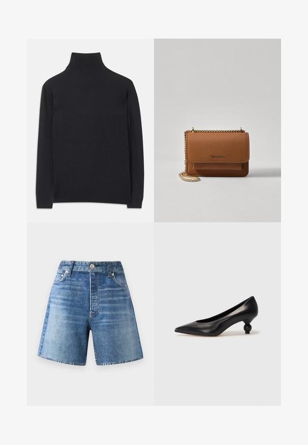 Čierny rolák z mäkkej tkaniny. Má dlhé rukávy, vysoký golier a rebrované manžety a lem pre priliehavý vzhľad.; Džínové šortky vo svetlom modrom praní s vysokým pásom, piatimi vreckami a zapínaním na gombík, s vyblednutou textúrou a surovým lemom.; Čierna kožená vysoká topánka na podpätku s ostrým špičkou a okrúhlym, guľatým podpätkom. Hladký povrch s moderným, minimalistickým dizajnom.; Hnedá textúrovaná kožená taška cez telo s zlatým reťazovým popruhom a preklopným uzáverom. Predná strana obsahuje detail s logom a vrecko pod preklopkou.