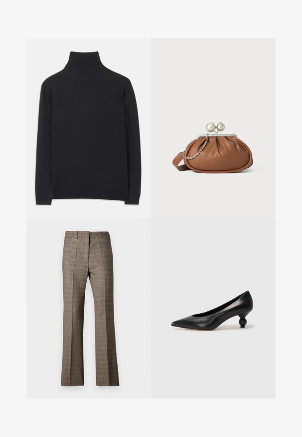 Černý rolák vyrobený z měkké tkaniny. Má dlouhé rukávy, vysoký límec a žebrované manžety a lem pro přiléhavý vzhled.; Hnědé kostkované kalhoty s rovnými nohavicemi, vyrobené z texturované látky a s jemnými odstíny béžové a tmavší hnědé barvy po celé vzoru.; Černá kožená vysoká bota na podpatku s špičatou špičkou a kulatým, zaobleným podpatkem. Hladká textura s elegantním, minimalistickým designem.; Hnědá kožená psaníčko s stříbrným kulatým uzávěrem a malým stříbrným řetízkem na bílém pozadí.
