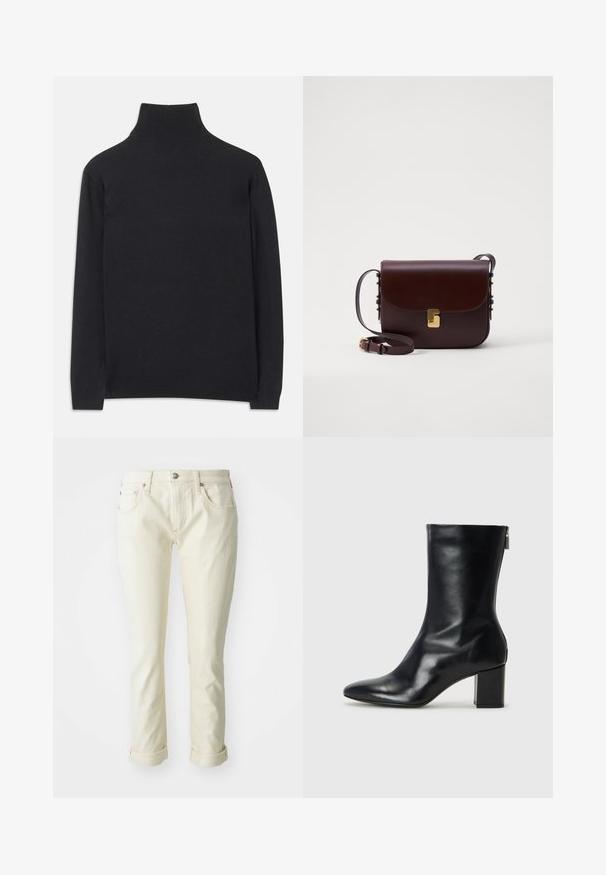 Svart polotröja i mjukt tyg. Har långa ärmar, hög krage och ribbade ärmar och nederkant för en figurnära look.; Beiga denimjeans med en figurnära design, som har fem fickor, dragkedja och uppvikta muddar för en knälång finish.; Svart läderankelboot med spetsig tå och 4 cm blockklack. Snygg design med en sidodragkedja för enkelt påklädande. Slät textur.; Brun läderväska med lockstängning, guldfärgade detaljer och en justerbar rem. Har en slät yta och en elegant rektangulär form.